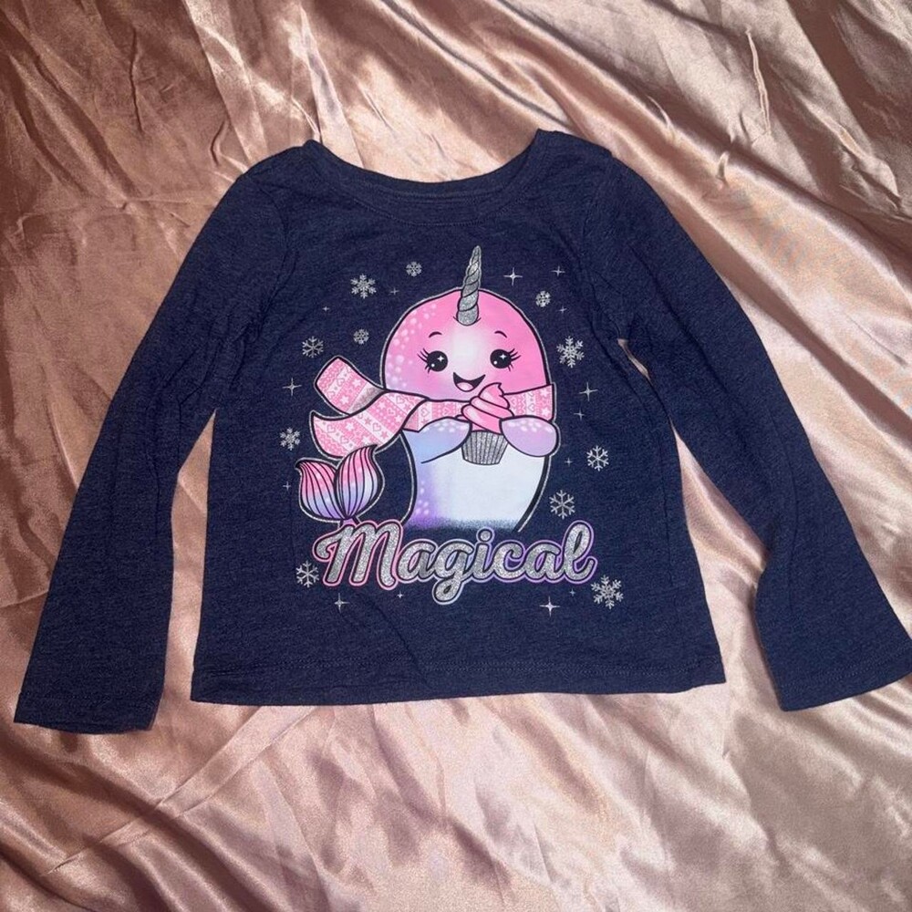 Toddler size 2T Navy blue long sleeve shirt with pink narwhal graphic and 'Magic